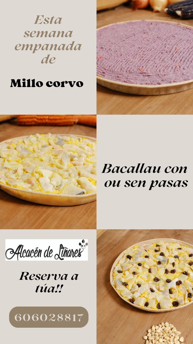 DeAlcacen's tweet photo. Esta semana elaboramos empanada de ‼️millo corvo‼️ de 💚bacallau con ou sen pasas💚
☎️Fai a túa reserva no 606028817 e poderás recollela a partir do sábado!
#alcacéndeliñares #empanadademillo #senglute #esenciagalega💜 https://t.co/WyC7pYYl25