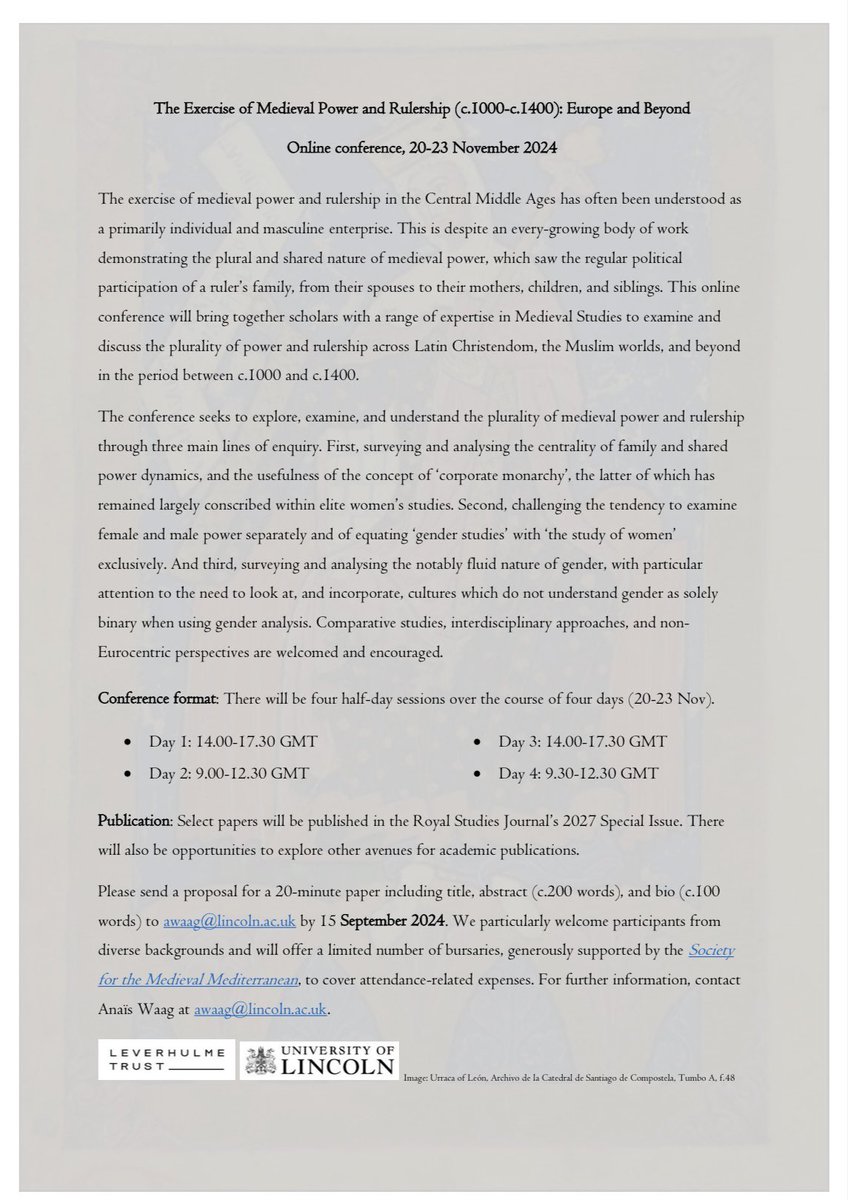 Extended deadline! For anyone who only caught the #CfP in yesterday’s <a href="/royalstudies/">Royal Studies Network</a> newsletter, you can send me your proposal this week for ‘The Exercise of Power and Rulership (c.1000-c.1400): Europe and Beyond’. Online conference over four half-days, 20-23 Nov 2024.