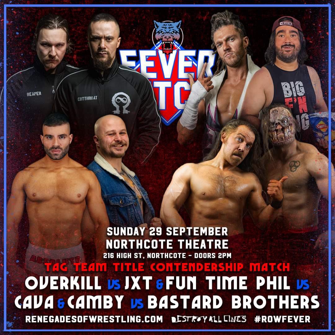 ROWrestlingAU's tweet photo. The tag team division is heating up at Renegades, so we’re putting FOUR TEAMS in a title contenders match at #ROWfever 😱

Overkill v JXT &amp; Phil v Cava &amp; Camby v Bastard Brothers!

Who will face the champions? 

🗓️ Sunday Sept 29
📍 Northcote Theatre
🎟️ https://t.co/1U3tUTYZbY https://t.co/GkvuMZX8TM
