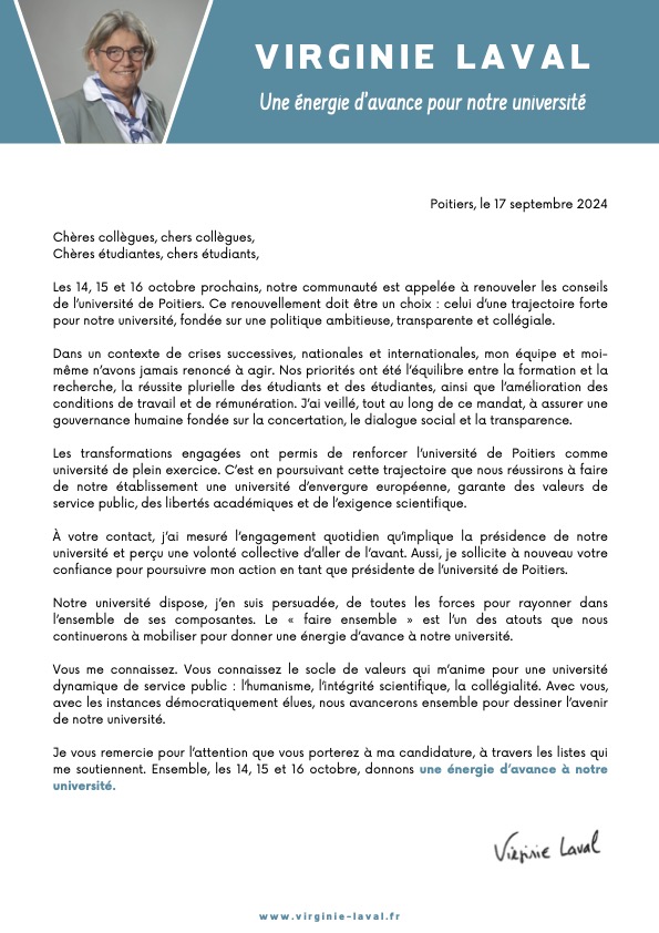virginie_laval's tweet image. Ma candidature à la présidence de @UnivPoitiers vient d&apos;être adressée à la communauté universitaire. 
Ensemble faisons le choix d&apos;une trajectoire forte pour une université de service public d&apos;envergure européenne. 
Ensemble, donnons une #énergie d&apos;avance à notre université !