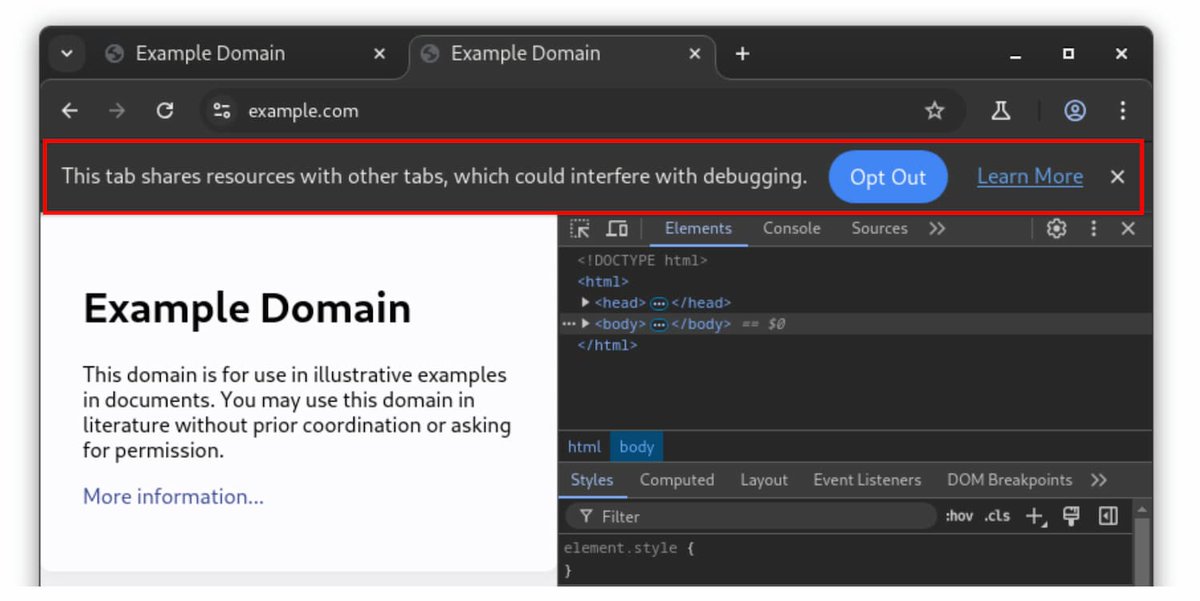 ChromeDevTools's tweet image. Seeing &quot;This tab shares resources...&quot; in DevTools? You&apos;re in a small group experiment! Learn more: developer.chrome.com/blog/process-s…

#ChromeDevTools #webdev