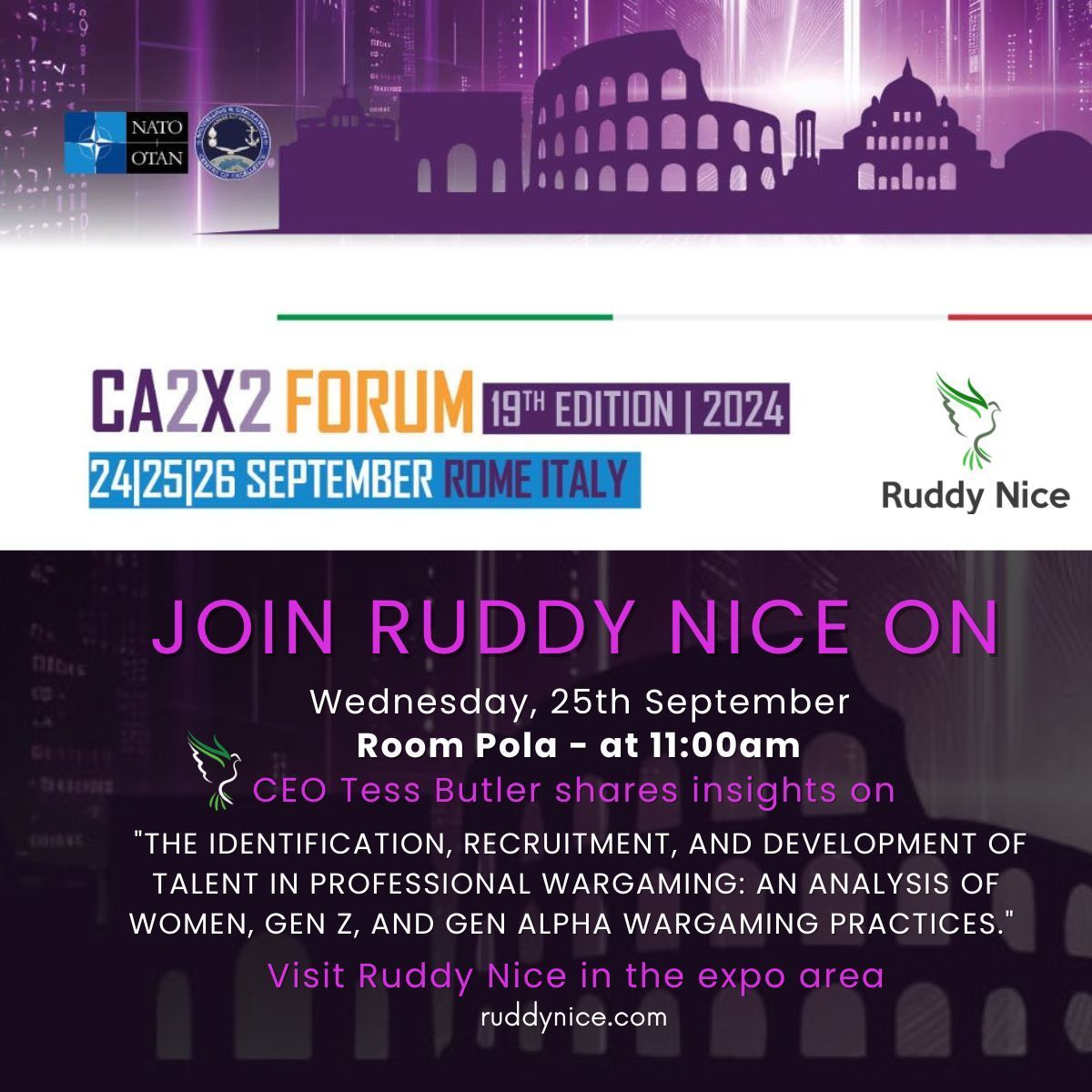 Ruddyniceltd's tweet photo. Ruddy Nice at #NATOCA2X2 Forum 2024, Rome, 24-26 Sep 🗓 Catch Tess Butler @tessthebutler on 25th Sep discussing talent in Professional Wargaming including women, Gen Z &amp; Gen Alpha. Meet us to boost your Defence sector impact. Book a meeting with us here https://t.co/E01mxIcih5. https://t.co/eJqTAzJBe6