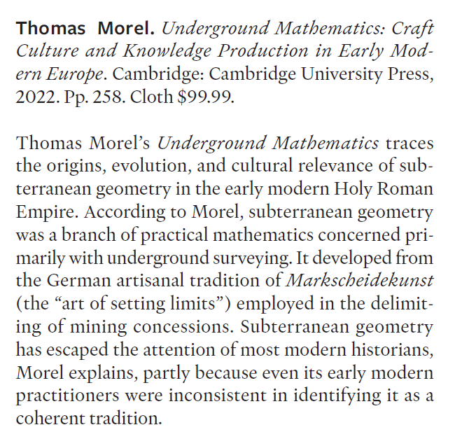 Thomas__Morel's tweet photo. 🚩Great review of my book by Renée Raphael in the @AmHistReview ▶️: "Overall, #UndergroundMathematics is a brilliantly crafted book that reorients scholarship on early modern mining, embeds one facet of early modern practical mathematics in its local and social context" 😊 https://t.co/bAZrbfiA60