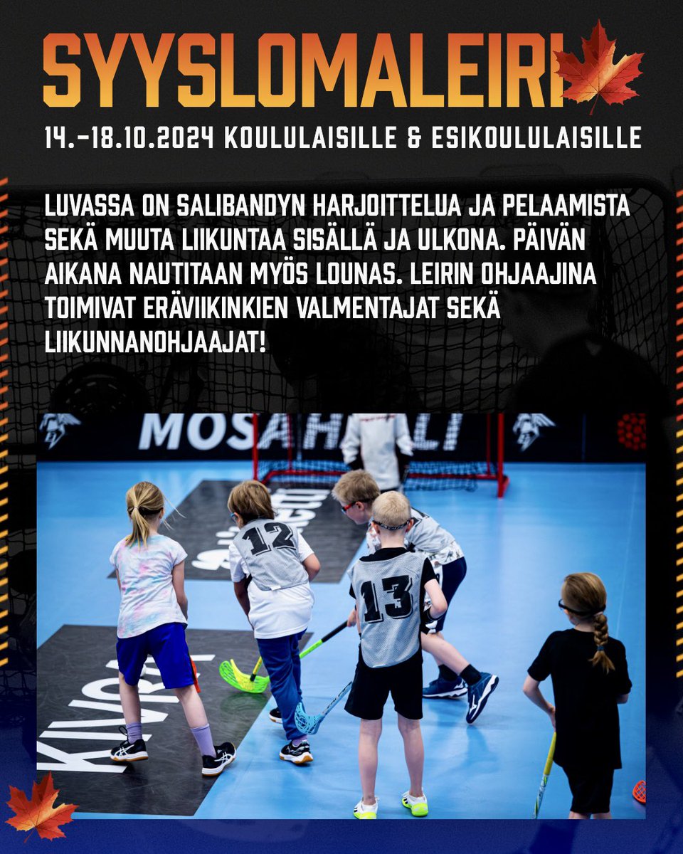 𝐒𝐘𝐘𝐒𝐋𝐎𝐌𝐀𝐋𝐄𝐈𝐑𝐈🍁

Tervetuloa mukaan kouluikäiset sekä esikouluikäiset! Tehdään yhdessä hauska ja energinen viikko! Tule rohkeasti mukaan! Lisätiedot ja ilmoittautumiset: eraviikingit.fi/syyslomaleiri

Ps. Salibandykouluryhmät ovat lähteneet käyntiin: eraviikingit.fi/salibandykoulut