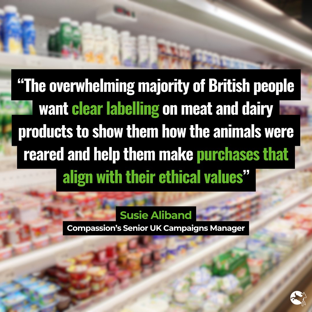 Do you want clear labelling?✨

New poll results show that two thirds of Brits want clear labelling on meat and dairy products to show the conditions the animals were raised.

We're urging <a href="/DefraGovUK/">Defra UK</a> to publish the results of the labelling consultation carried out in March.