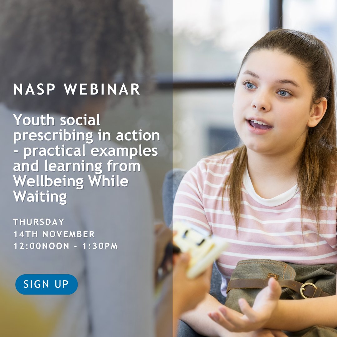 The National Academy for Social Prescribing (@nasptweets) on Twitter photo Youth social prescribing in action
This webinar on 14 Nov, 12-1.30pm will share the latest learning & research from the Wellbeing While Waiting project by <a href="/UCL_SBB/">Social Biobehavioural Research Group</a>, exploring how #SocialPrescribing could help young people while they wait to access #CAMHS: ow.ly/tlRK50TmI0e Youth social prescribing in action
This webinar on 14 Nov, 12-1.30pm will share the latest learning & research from the Wellbeing While Waiting project by <a href="/UCL_SBB/">Social Biobehavioural Research Group</a>, exploring how #SocialPrescribing could help young people while they wait to access #CAMHS: ow.ly/tlRK50TmI0e