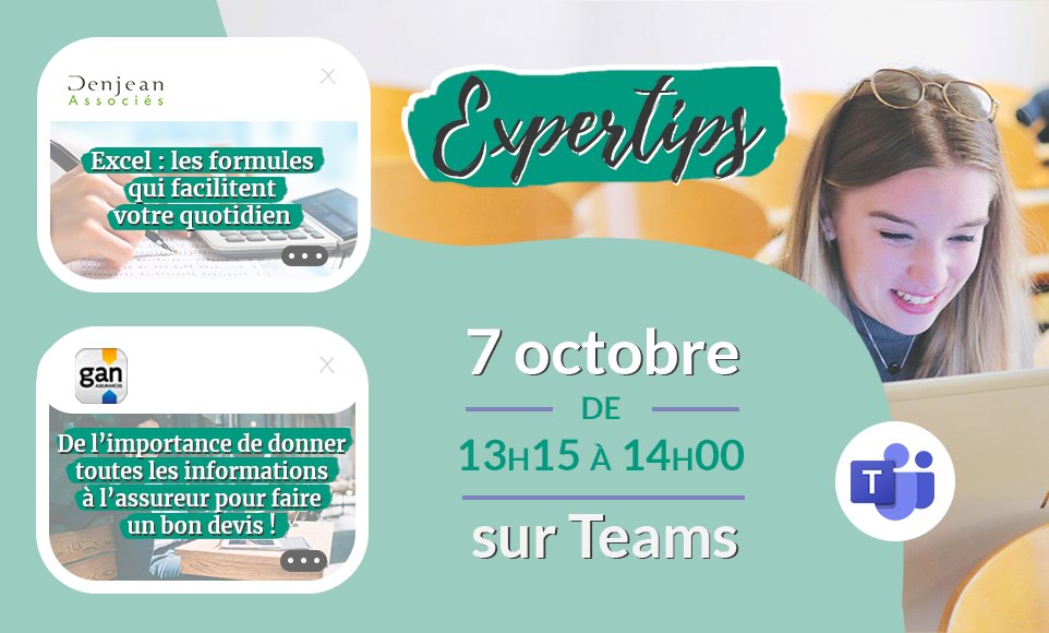#Expertips Lundi 7 octobre à 13h15 : save the date!
Le RDV mensuel des jeunes professionnels du #chiffre
#partenariat <a href="/ANECSnational/">ANECS</a> <a href="/CJECnational/">CJEC</a> <a href="/DenjeanAssocies/">Thierry Denjean</a> et <a href="/Gan_Assurances/">Gan Assurances</a> depuis 3 ans!
Inscription docs.google.com/forms/d/e/1FAI…
<a href="/AlexandreM012/">Alexandre Meschberger</a> <a href="/nicolaspoussy/">Nicolas Poussy</a> <a href="/ADscaramuzza/">Adrien Scaramuzza</a>