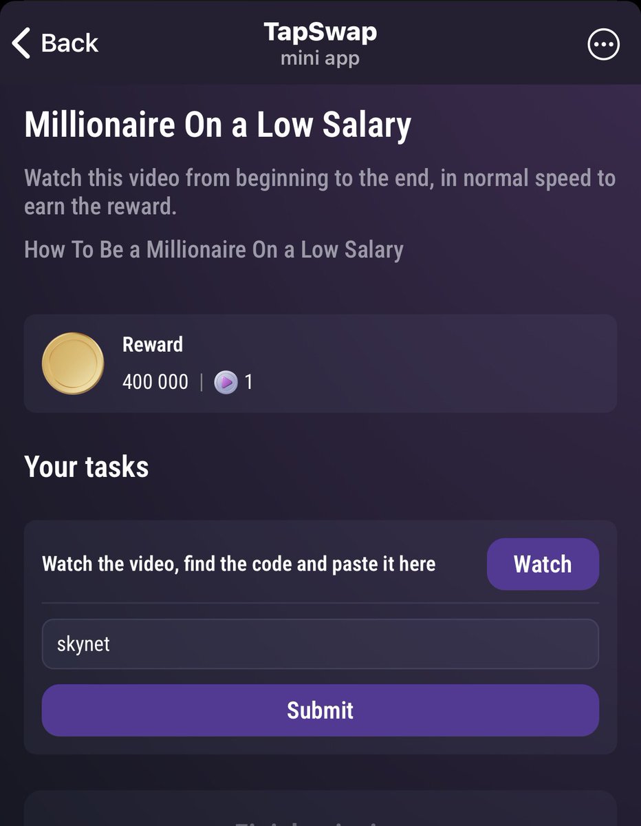 Sharique9852's tweet image. TapSwap Cinema Code 16 Sep🗓️

1️⃣ - Start a Succesful Online Business
✍️ - roi

2️⃣ - Millionaire On a Low Salary
✍️ - skynet

No code is required for the other two tasks 

Like &amp;amp; Retweet Follow @Sharique9852

#tapswap #Tapswapcode #tapswapcodes