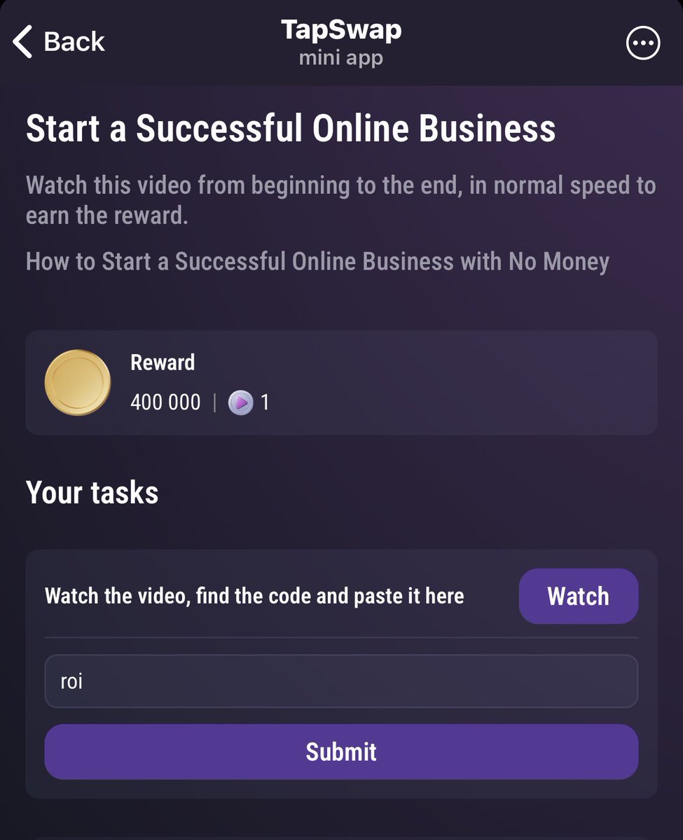 Sharique9852's tweet image. TapSwap Cinema Code 16 Sep🗓️

1️⃣ - Start a Succesful Online Business
✍️ - roi

2️⃣ - Millionaire On a Low Salary
✍️ - skynet

No code is required for the other two tasks 

Like &amp;amp; Retweet Follow @Sharique9852

#tapswap #Tapswapcode #tapswapcodes