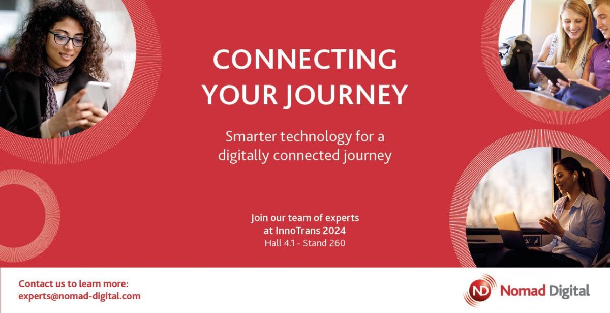 🚄 1 week until <a href="/InnoTrans/">InnoTrans</a> 2024! 🚄  
Visit #TeamNomad to see how our tech boosts fleets and enhances passenger experience.

📅 24-27 Sept 2024  
📍 Messe Berlin
📍Hall 4.1, Stand 260 
📧 experts@nomad-digital.com  

#InnoTrans2024 #Connectivity #AI #InnoTrans