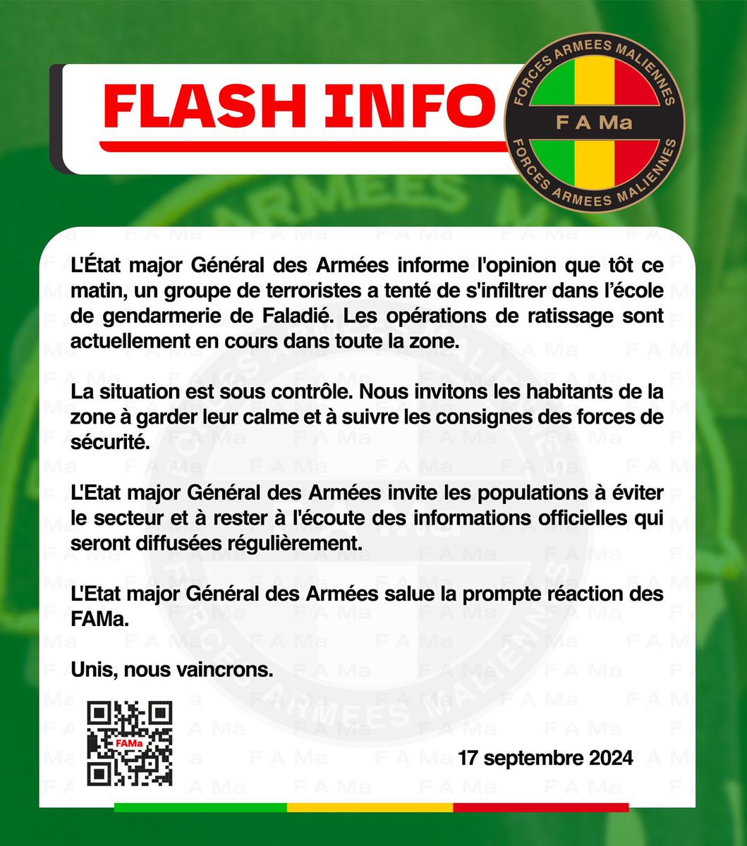 DirpaFa's tweet photo. L'État major Général des Armées informe l'opinion que tôt ce matin, un groupe de terroristes a tenté de s'infiltrer dans l'école de gendarmerie de Faladié. Les opérations de ratissage sont actuellement en cours dans toute la zone. https://t.co/jGRUhaSmK8