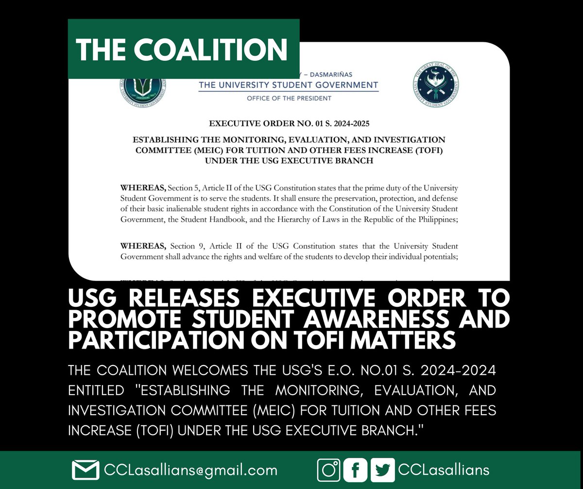 CCLasallians's tweet photo. THE COALITION | USG releases Executive Order to promote student awareness and participation on TOFI matters.

#AyokongMagmahalAngDLSUD
#NoToTOFI https://t.co/usETBqYhRt