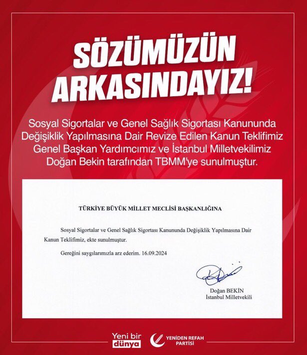 YENİDEN REFAH PARTİSİ KANUN TEKLİFİ

Yeniden Refah Partisi olarak herzaman gündemlerinin ilk sıralarında bizlere yer veren ve KADEMELİ EMEKLİLİK talebimiz için somut adımlar atan ;

Başta Sayın Genel Başkan Dr. Fatih Erbakan Bey,
Genel Başkan Yardımcısı Sayın Suat Kılıç Bey,