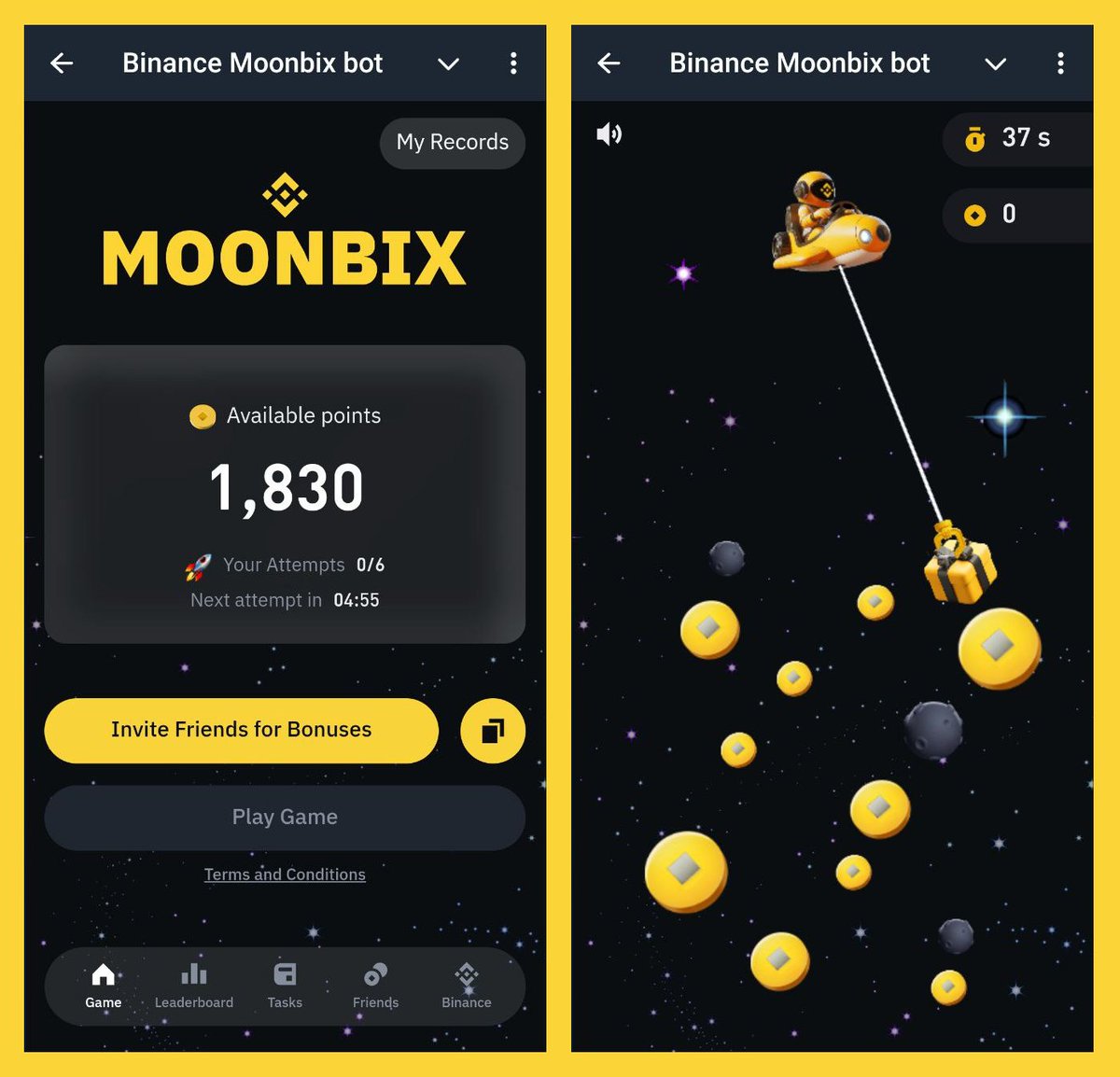 เล่นมินิเกม Moonbix จาก Binance
ทำ social task ขี่ยานตกเหรียญ เล่นง่ายๆ ได้อะไรไม่รู้

📌 ทางไปเล่น
👉 t.me/Binance_Moonbi…

ผู้มีสิทธิ์จะต้องผ่าน Binance KYC และผูกบัญชี Telegram กับ Binance ให้เรียบร้อย (ผูกได้ในแอปหรือที่ accounts.binance.com/en/account-con…)