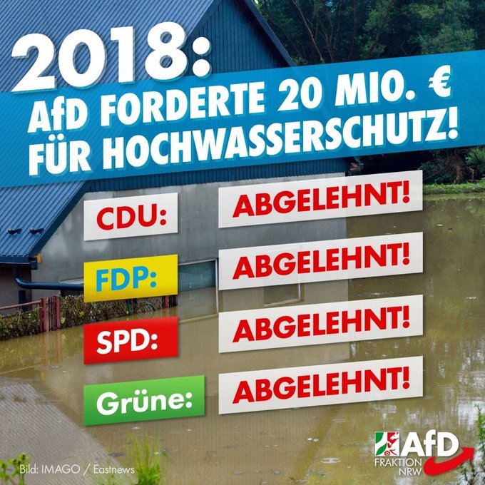 Nie vergessen, wenn jetzt wieder das #Hochwasser und #klimawandel Gerede durch die Nachrichten geht.
Es gibt schuldige: CDU SPD FDP Grüne