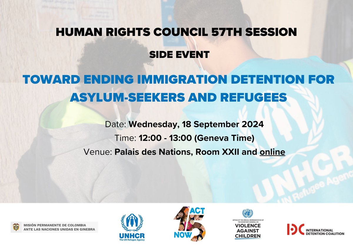 Róisín Pillay (@roisinpillay) on Twitter photo Join this side-event tomorrow 18 Sept on immigration #detention launching @refugees paper Unlocking Rights: Toward Ending Detention for Asylum-Seekers and Refugees. Co-sponsored <a href="/UN_EndViolence/">United Nations SRSG on Violence against Children</a> @idcmonitor @colombiaONU <a href="/UNICEF/">UNICEF</a>
Hybrid event, link: ungeneva-vc.webex.com/ungeneva-vc/j.… Join this side-event tomorrow 18 Sept on immigration #detention launching @refugees paper Unlocking Rights: Toward Ending Detention for Asylum-Seekers and Refugees. Co-sponsored <a href="/UN_EndViolence/">United Nations SRSG on Violence against Children</a> @idcmonitor @colombiaONU <a href="/UNICEF/">UNICEF</a>
Hybrid event, link: ungeneva-vc.webex.com/ungeneva-vc/j.…