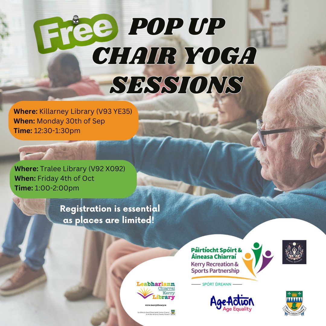 Kerry Recreation and Sports Partnership (@kerryrsp) on Twitter photo To celebrate #PositiveAgeingWeek which is happening from Sep 30th - Oct 6th 2024, we along with Kerry Library have organised some pop-up chair yoga sessions next month! 🧘♀️🧘
You can book your place in branch in both Tralee or Killarney library or here:  linktr.ee/kerryrecreatio… To celebrate #PositiveAgeingWeek which is happening from Sep 30th - Oct 6th 2024, we along with Kerry Library have organised some pop-up chair yoga sessions next month! 🧘♀️🧘
You can book your place in branch in both Tralee or Killarney library or here:  linktr.ee/kerryrecreatio…
