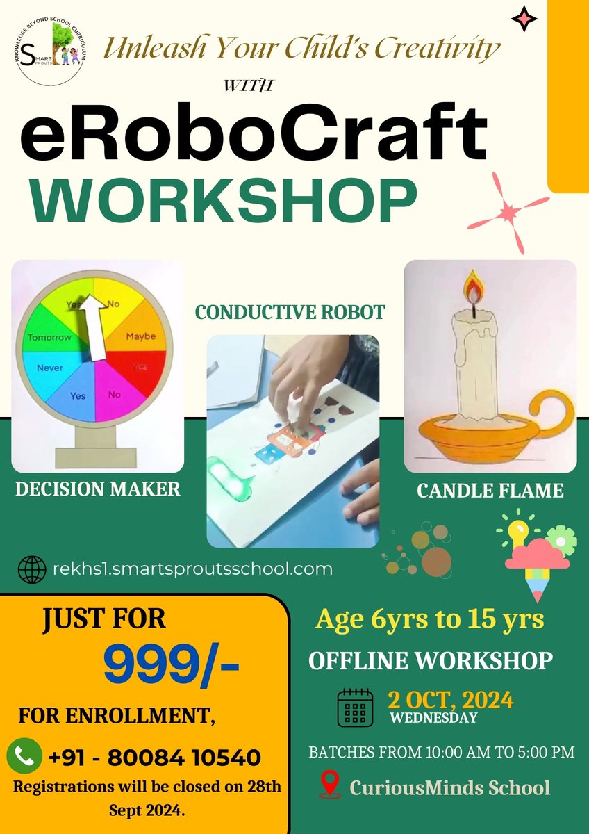 SmartSprouts8's tweet image. Join Our Exciting eRoboCraft Workshop!

Unlock your child&apos;s creativity and curiosity with our fun and engaging eRoboCraft Workshop! 🎉 

🎟️ Limited Seats Available! Register Now!
To Know more Call
📞+91 - 80084 10540
