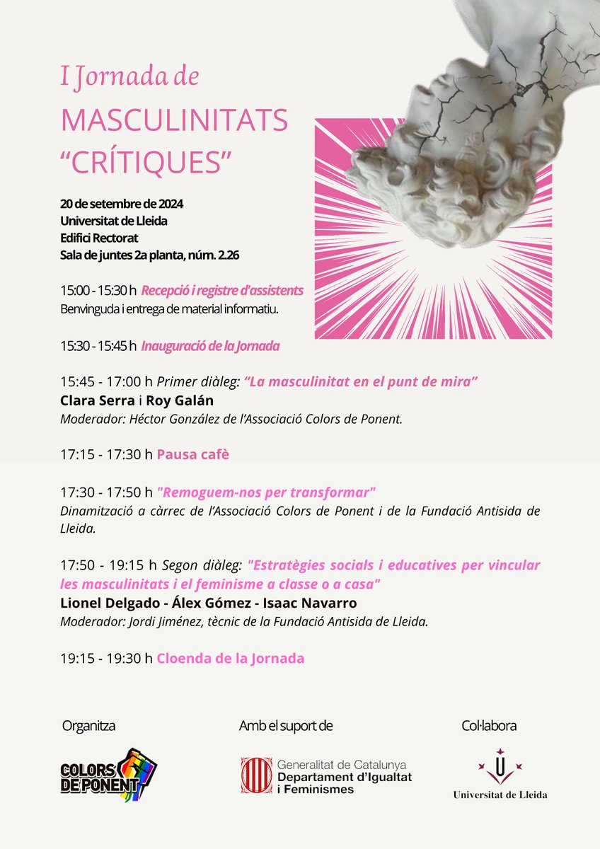 UdL_Diversitat (@udl_diversitat) on Twitter photo 📢 I Jornada de MASCULINITATS “CRÍTIQUES”
Aquest divendres 20 de setembre a l'Edifici Rectorat /Universitat de Lleida <a href="/UdL_info/">Universitat de Lleida (UdL)</a> amb <a href="/ColorsdePonent/">Colors de Ponent</a> i <a href="/antisidalleida/">Fundació Antisida de Lleida</a> i el suport d'<a href="/igualtatcat/">Igualtat i Feminisme</a> 📢 I Jornada de MASCULINITATS “CRÍTIQUES”
Aquest divendres 20 de setembre a l'Edifici Rectorat /Universitat de Lleida <a href="/UdL_info/">Universitat de Lleida (UdL)</a> amb <a href="/ColorsdePonent/">Colors de Ponent</a> i <a href="/antisidalleida/">Fundació Antisida de Lleida</a> i el suport d'<a href="/igualtatcat/">Igualtat i Feminisme</a>