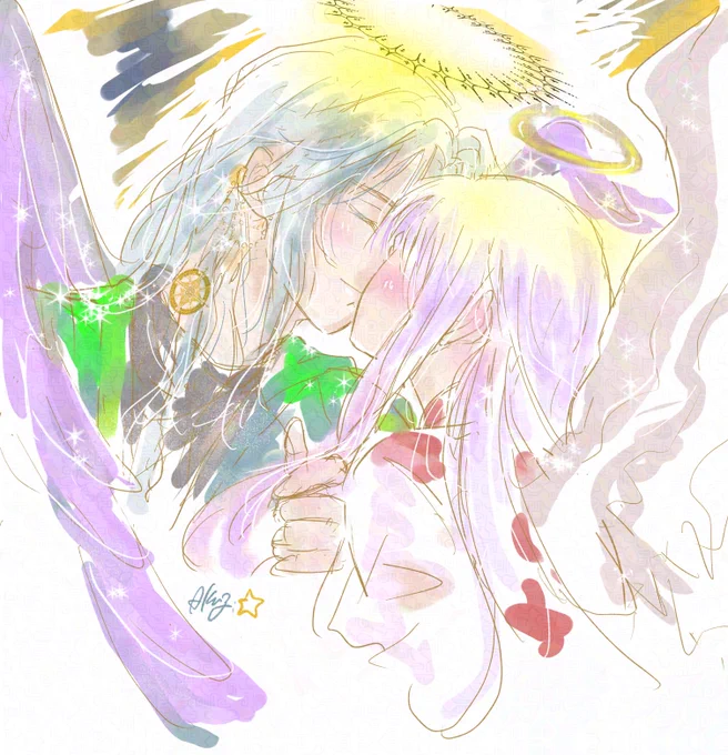 #秋の創作クラスターフォロー祭り#一次創作#中秋の名月 月の光に照らされて#イラストぱたぱたしてそうな羽根幼馴染との恋もいいわよね 