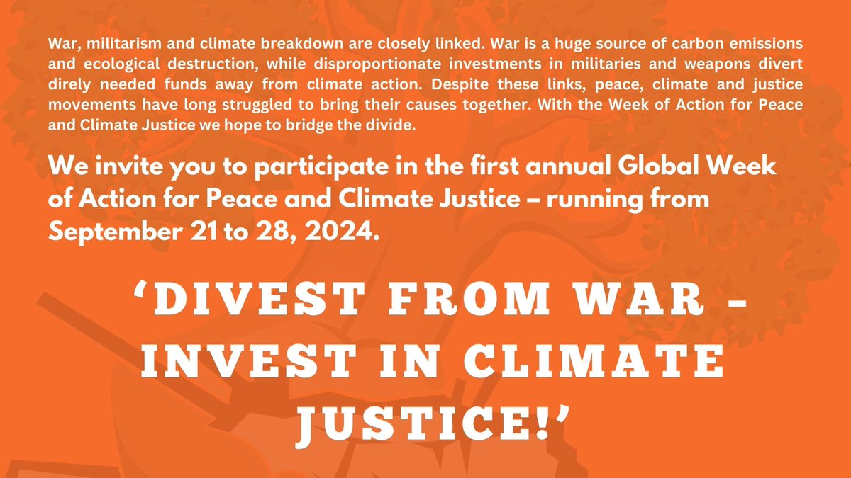 dfgvk_bv's tweet photo. Heute startet die Week of Action for Peace and Climate Justice! Erfahre in dieser Woche mehr über die Zusammenhänge zwischen Krieg, Umweltzerstörung und sozialen Ungerechtigkeiten. ✌️☮️ #PeaceAndClimate #Demilitarize4ClimateJustice #dfgvk
https://t.co/cIL47aGGFt https://t.co/2rUZP38ehG