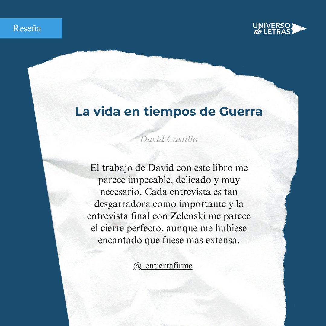 Hoy os traemos la reseña del libro 📗 La vida en tiempos de Guerra, del autor David Castillo.

26 testimonios reales y desgarradores de la guerra en Ucrania 💥, recomendado por <a href="/_entierrafirme/">jess</a>.

Descúbrelo en 👉 universodeletras.com/libro/La-vida-…