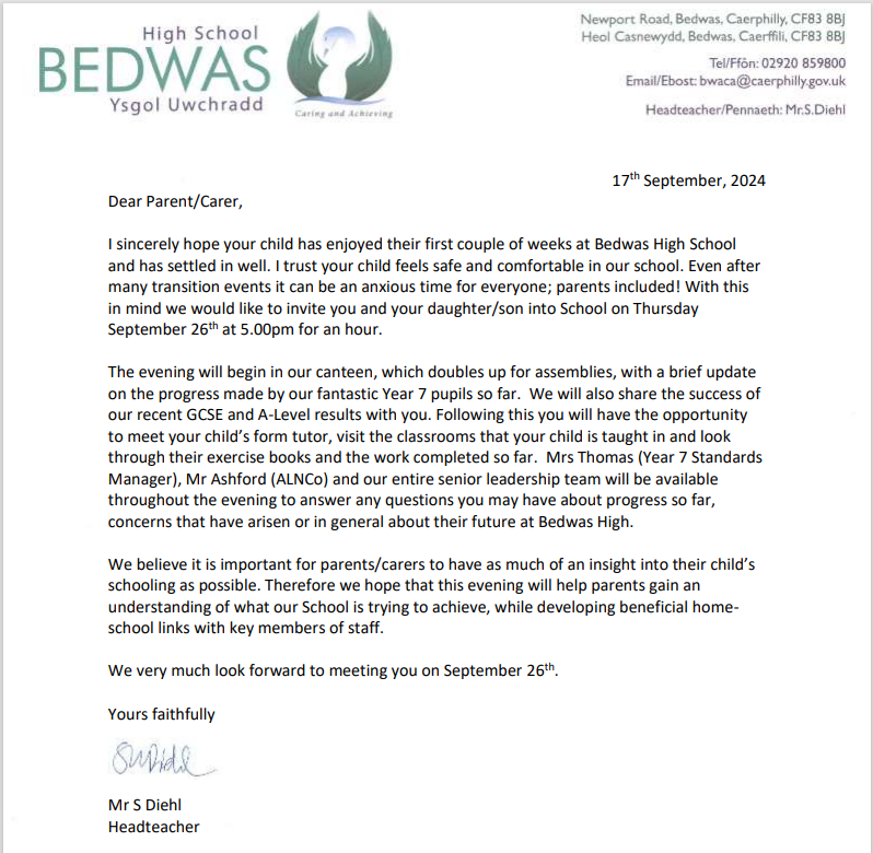 bedwashighsch's tweet photo. Please see the below letter from the Headteacher regarding our 'Meet the Form Tutor Evening' for parents of pupils in Year 7 being held next week, Thursday 26th September at 5pm. https://t.co/GAFzHh57yJ