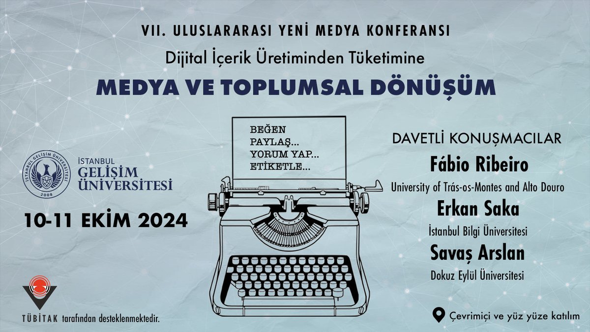 📢 Günaydın değerli hocalarım. 10-11 Ekim tarihlerinde yüzyüze ve çevrimiçi olarak gerçekleştireceğimiz VII. Yeni Medya Konferansımıza son özet gönderimi 1 Ekim 2024 tarihine kadar uzatılmıştır. Ücretsiz konferansımıza değerli katkılarınızı bekler, bilgilerinize arz ederiz.