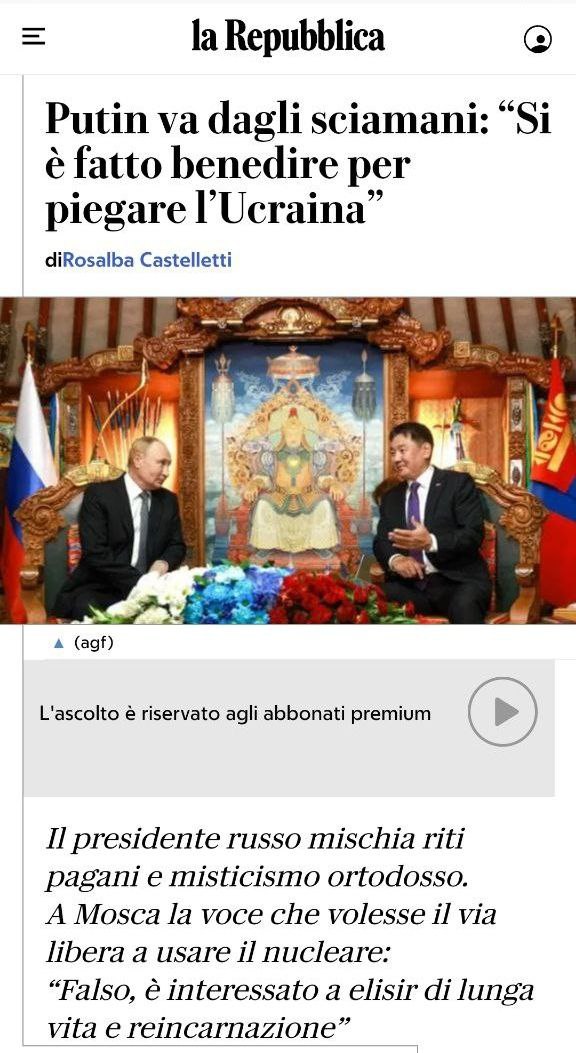 MonicaMonichka2's tweet photo. #LaRepubblica smentisce #Spiegel 💪
#Putin è andato in Mongolia non per avere il via libera dagli #Sciamani per l'uso del nucleare, ma per ottenere l'elisir di lunga vita e la reincarnazione 🤣🤣🤣
👇🏻👇🏻👇🏻
https://t.co/N3WbEqkP16 https://t.co/ZgfSISn6XD