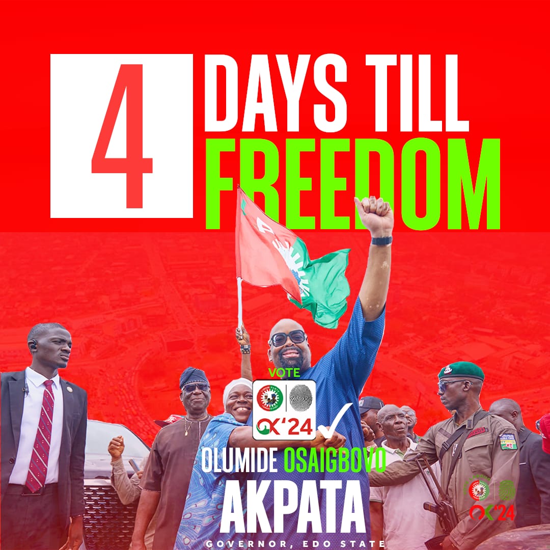 Olu4Edo2024's tweet photo. With only 4 days left to shape the future of Edo State, now is the time to take a stand. Let’s push for real progress together. Make your voice count at the polls! Vote for Olumide Osaigbovo Akpata, a leader with vision and integrity. Your vote is your power. Let’s make history!

#EdoForChange
#EdoPeopleMustMatter 
#EdoDecides2024 
#EdoPeopleBeforePolitics
