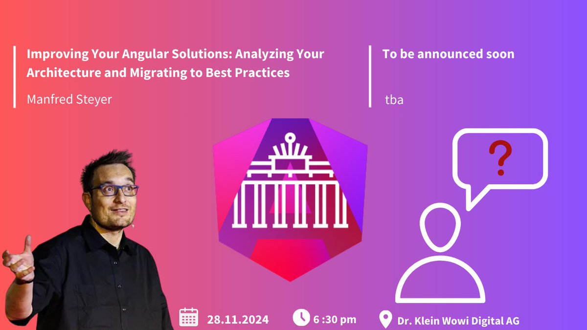Angular Berlin (@angular_berlin) on Twitter photo We are happy to announce our final MeetUp of 2024 with the amazing Manfred Steyer and a second speaker to be announced soon.
📅 28.11.2024 📍<a href="/drkleinwowi/">Dr. Klein Wowi</a> 🕒 6:30pm
meetup.com/angular-meetup…
P.S. Have you heard about the NG-DE? <a href="/ngdeconf/">NG-DE Conference</a>
Grab a ticket 😉 ng-de.org We are happy to announce our final MeetUp of 2024 with the amazing Manfred Steyer and a second speaker to be announced soon.
📅 28.11.2024 📍<a href="/drkleinwowi/">Dr. Klein Wowi</a> 🕒 6:30pm
meetup.com/angular-meetup…
P.S. Have you heard about the NG-DE? <a href="/ngdeconf/">NG-DE Conference</a>
Grab a ticket 😉 ng-de.org