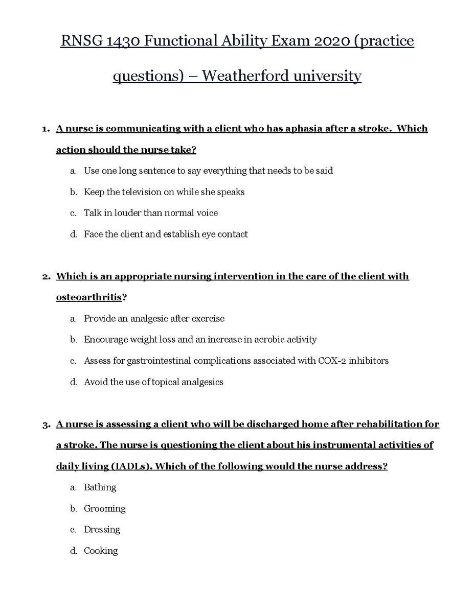 sn4502092's tweet image. hackedexams.com/item/3483/rnsg…
Rnsg 1430 Functional Ability Exam Practice Questions Weatherford University Latest Update
#NSG #rnsg1430 #FunctionalAbility #exams #exampractice #practicequestions #questions #hackedexams