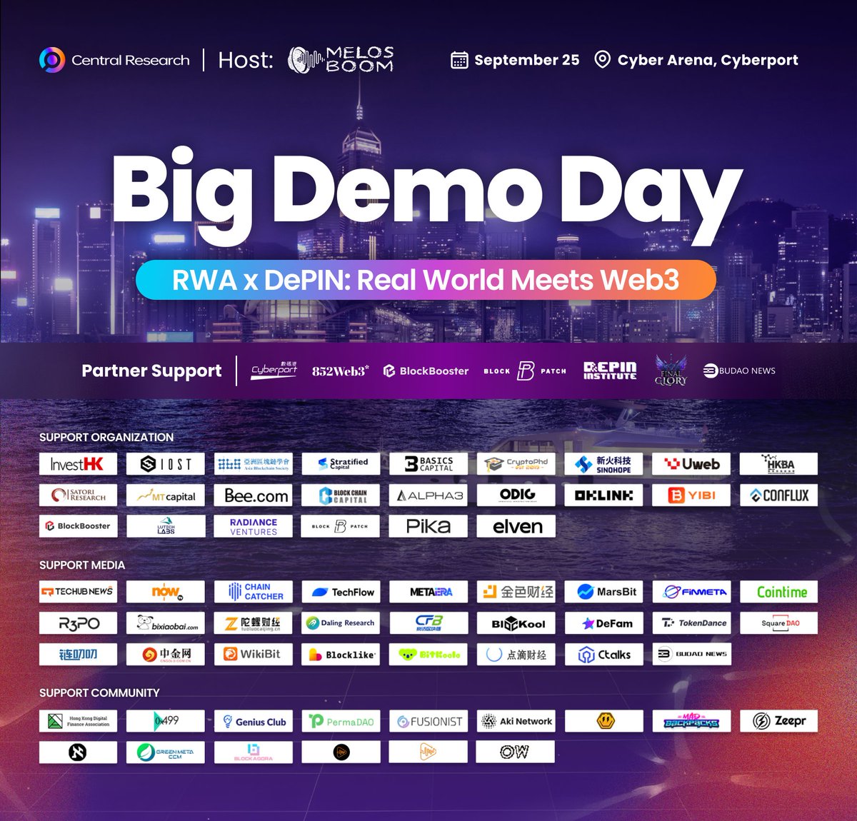 🌟RWA x DePIN: Real World Meets Web3

The 17th BIG DEMO DAY's coming soon🚀
⏰Sep 27, 14:00-18:00 GMT+8 
📍Cyber Arena, Cyberport

😉Join us with <a href="/MelosBoom/">MelosBoom</a> , @852web3, <a href="/0xBlockBooster/">BlockBooster</a>, <a href="/blockpatch/">Block Patch</a>, @DePINInstitute and <a href="/Bu_dao_labs/">BUDAO LABS</a> to explore the intersection of the real world