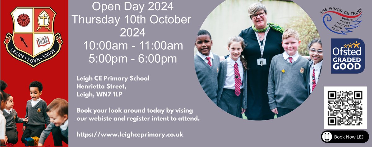 OPEN DAY 10th OCTOBER 2024
We are delighted to invite families of children who will start in the Reception class in September 2025 to our Open Day.
Please register your intention to attend and select the most convenient time. We look forward to welcoming you to Leigh CE Primary.