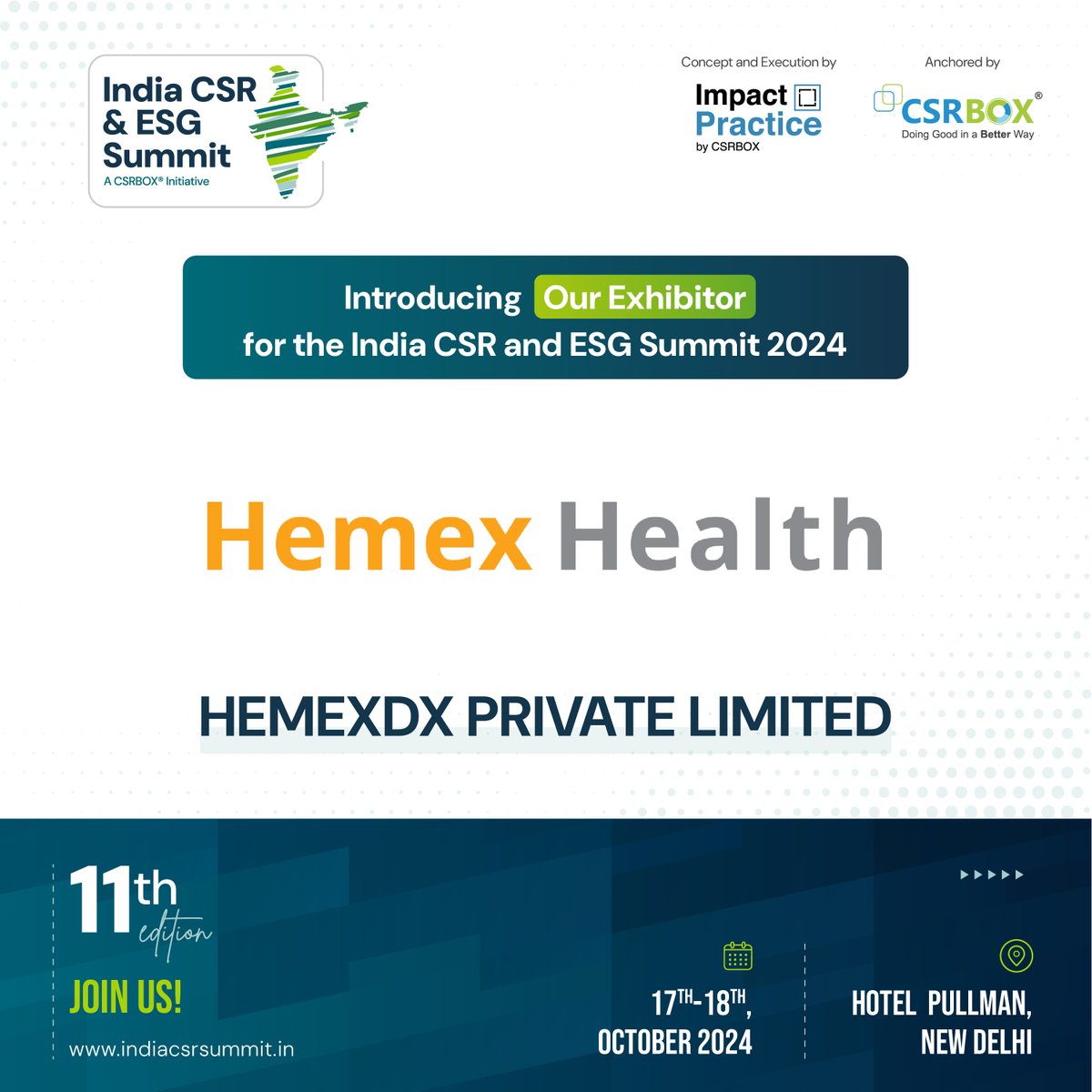 csrboxorg's tweet image. #ICES2024
We are proud to introduce HemexDx Private Limited as our exhibitor at ICES 2024.

📅 Dates: 17, 18 October 2024
📍 Location: Hotel Pullman, New Delhi

Want to Exhibit your Products/Services, visit : indiacsrsummit.in/sponsors_exhib…
Register now: indiacsrsummit.in/registration.p…