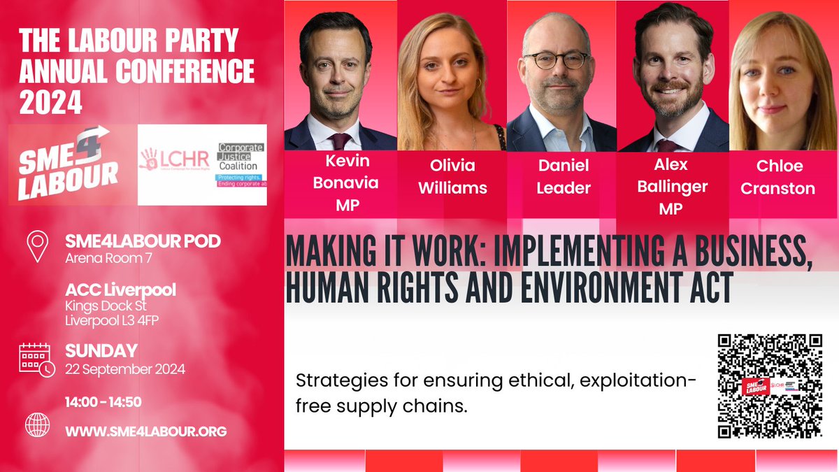 📆Join us at Labour Conference on Sunday @ 2pm for a panel on a Business, Human Rights and Environment Act - w/experts from <a href="/Anti_Slavery/">Anti-Slavery International</a>, <a href="/LabourCHR/">Labour Campaign for Human Rights</a>, <a href="/LeighDay_Law/">Leigh Day</a>, &amp; parliamentarians including <a href="/AlexBallingerMP/">Alex Ballinger MP</a> &amp; <a href="/kevinbonavia/">Kevin Bonavia MP</a> 

Register here #lpc24 👇
sme4labour.org/sme-events/mak…