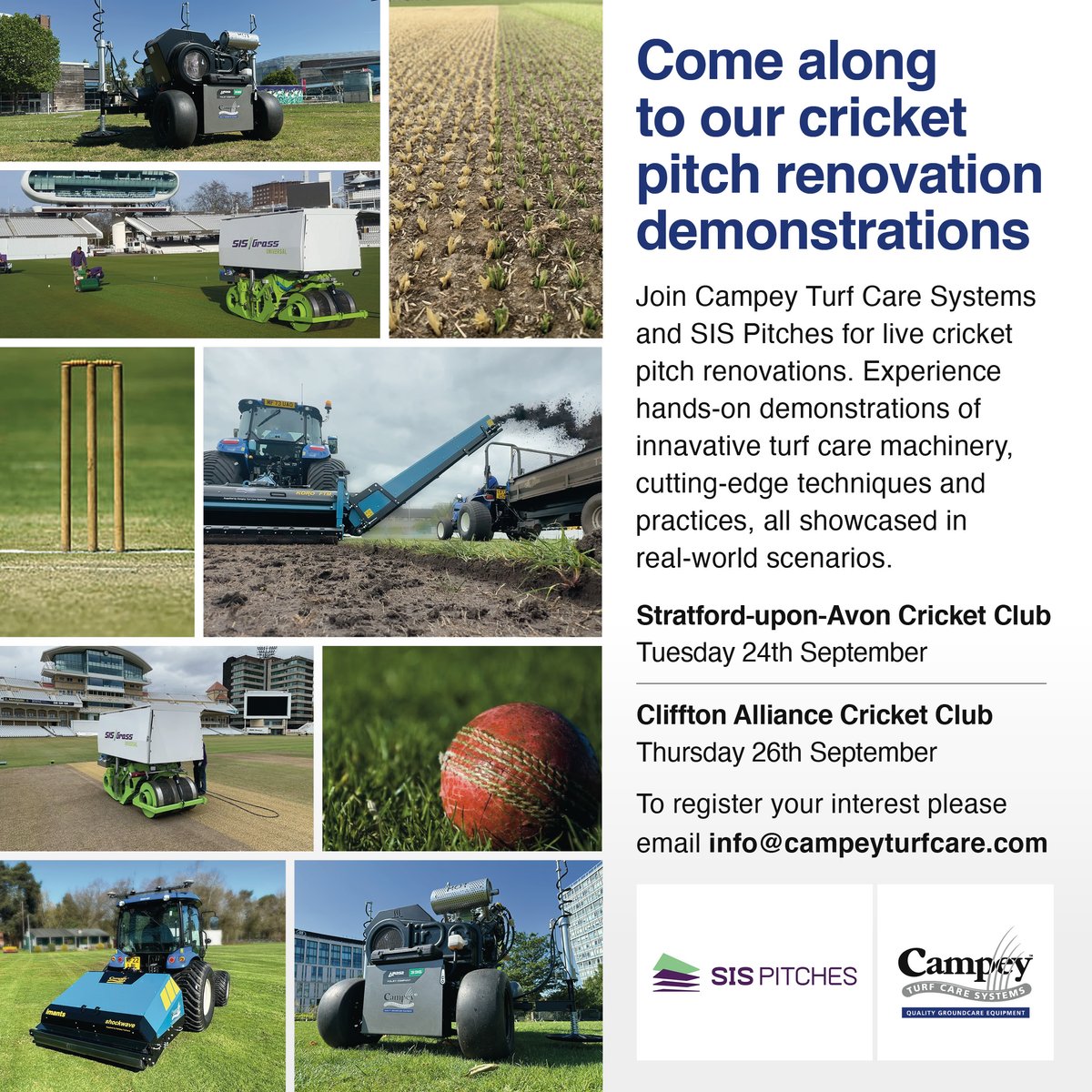 Campeyβ’ Turf Care Systems (@campeyturfcare) on Twitter photo Join #CampeyTurfCare & @sispitches for #cricket pitch renovation days
π£ Tuesday 24 Sept at Stratford-upon-Avon Cricket Club 9.30am onwards
π£ Thursday 26 Sept at Clifton Alliance Cricket Club 9.30am onwards
Register your attendance please email info@campeyturfcare.com Join #CampeyTurfCare & @sispitches for #cricket pitch renovation days
π£ Tuesday 24 Sept at Stratford-upon-Avon Cricket Club 9.30am onwards
π£ Thursday 26 Sept at Clifton Alliance Cricket Club 9.30am onwards
Register your attendance please email info@campeyturfcare.com