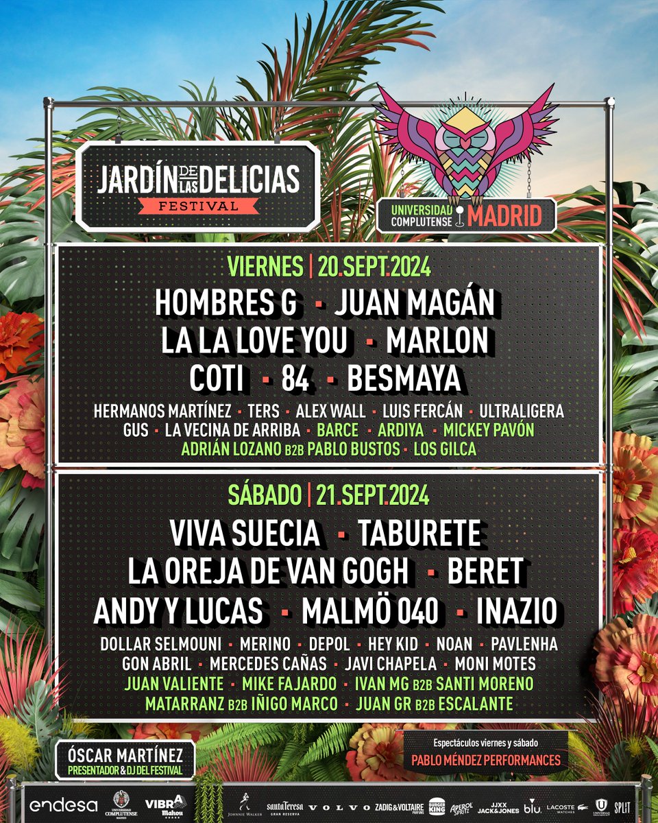 🦉🎶¡CARTELAZO COMPLETO JARDÍN DE LAS DELICIAS 2024!🎶🦉

Comienza la cuenta atrás para disfrutarlo🙃.

#Jardíndelasdelicias2024 #Noslascantamostodas