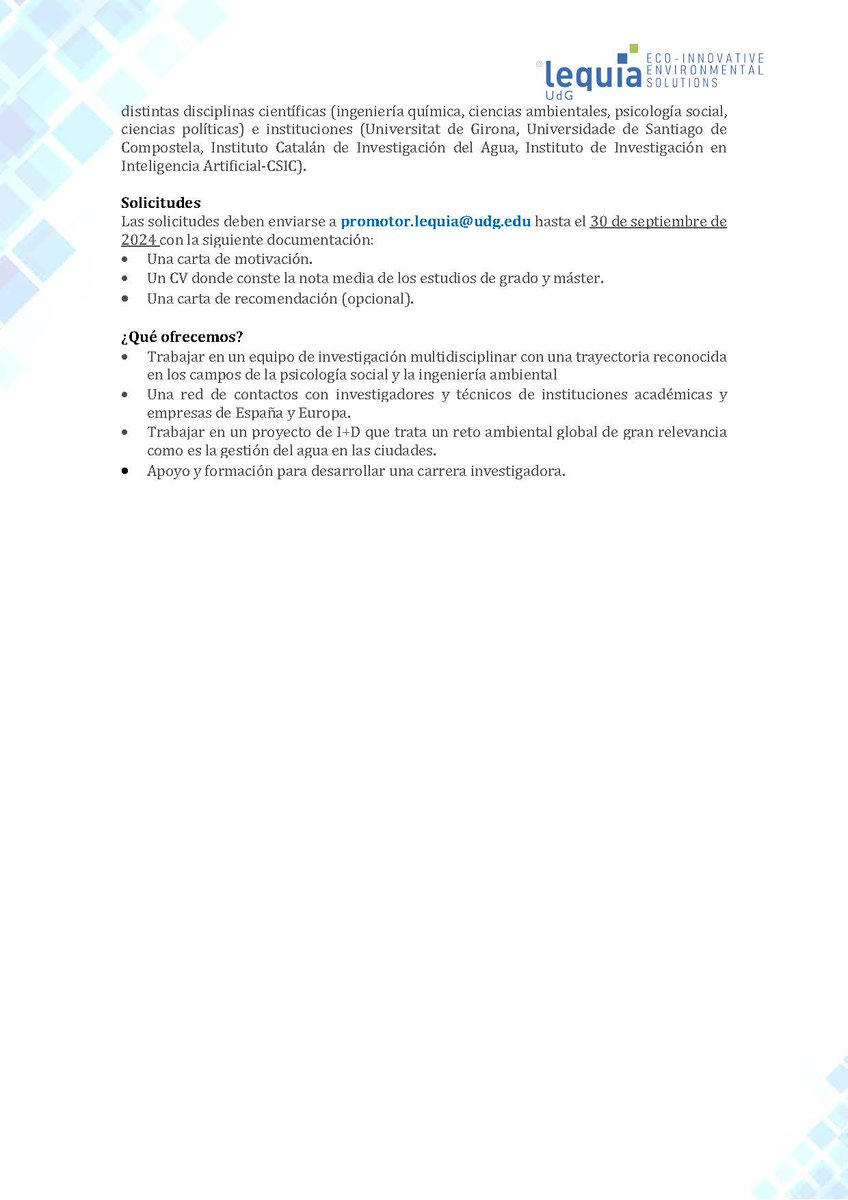 Buscamos candidatos/as para hacer un Doctorado en gestión urbana del agua asociado al proyecto D-PATTERN (Proyectos de Generación del Conocimiento 2023). Contrato de 4 años. Dirección: Manel Poch y Cristina Gómez