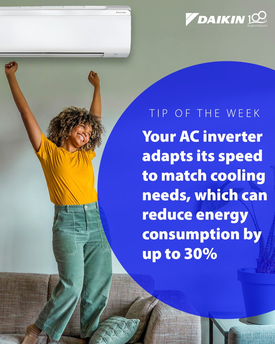 AfricaDaikin's tweet image. Discover the power of efficiency with your AC inverter!  It automatically adjusts its speed to perfectly match your cooling needs, reducing energy consumption by up to 30%.  Experience effortless efficiency and a cooler, greener home!

#DaikinMEA #ACtips #CoolingSolutions