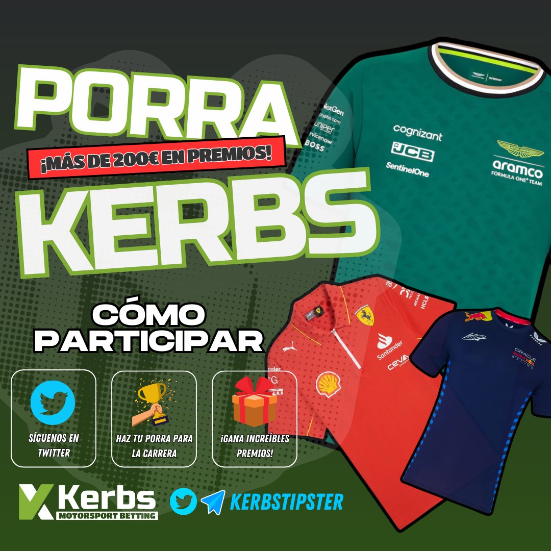 💥PORRA KERBS - GP SINGAPUR F1 🇸🇬

🎁¡Gana una camiseta oficial de Alonso, Verstappen o Ferrari!

Es muy fácil:

1⃣ Síguenos en Twitter
2⃣ Haz Retweet a este post 
3⃣ Contesta a este post indicando tu porra para el GP de Singapur: 

Pole Position: 
1º en la carrera: 
2º en la