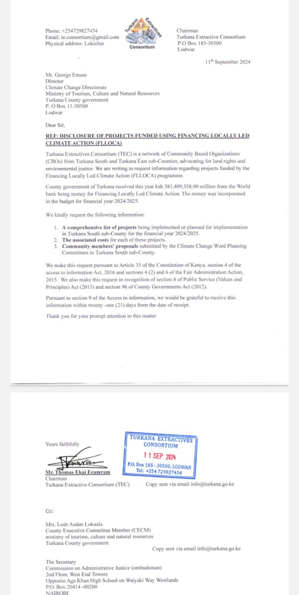 LETTER FROM TURKANA EXTRACTIVE CONSORTIUM (TEC) ADDRESSED TO THE COUNTY GOVERNMENT OF TURKANA OVER PROJECTS FUNDED UNDER FLLoCA PROGRAMME