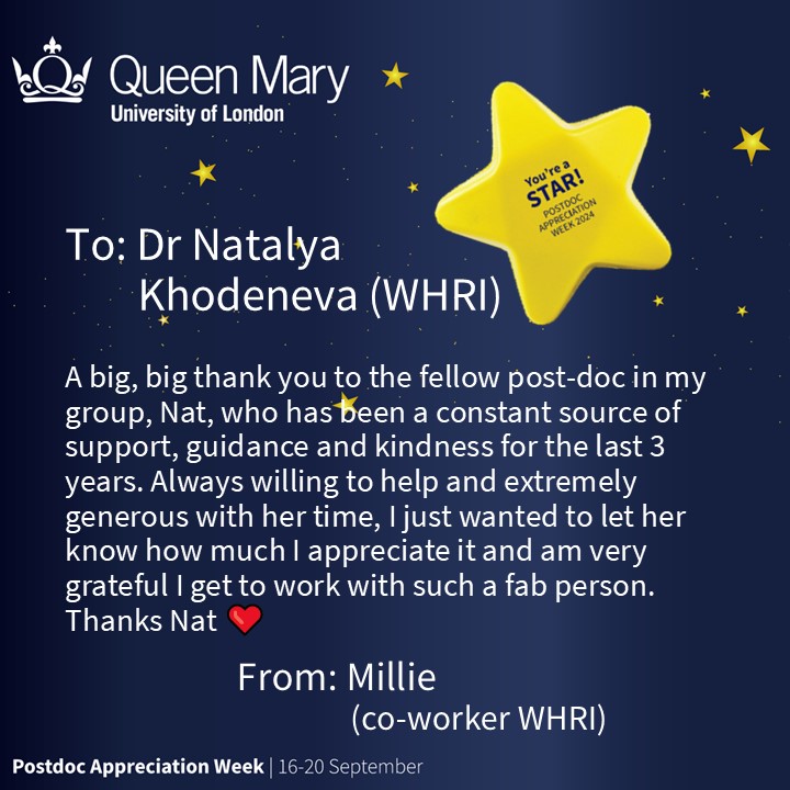 #QMPAW24 #LovePostdocs <a href="/mdavanwetton/">Millie Davan Wetton</a>,   <a href="/QMULWHRI/">William Harvey Research Institute</a>