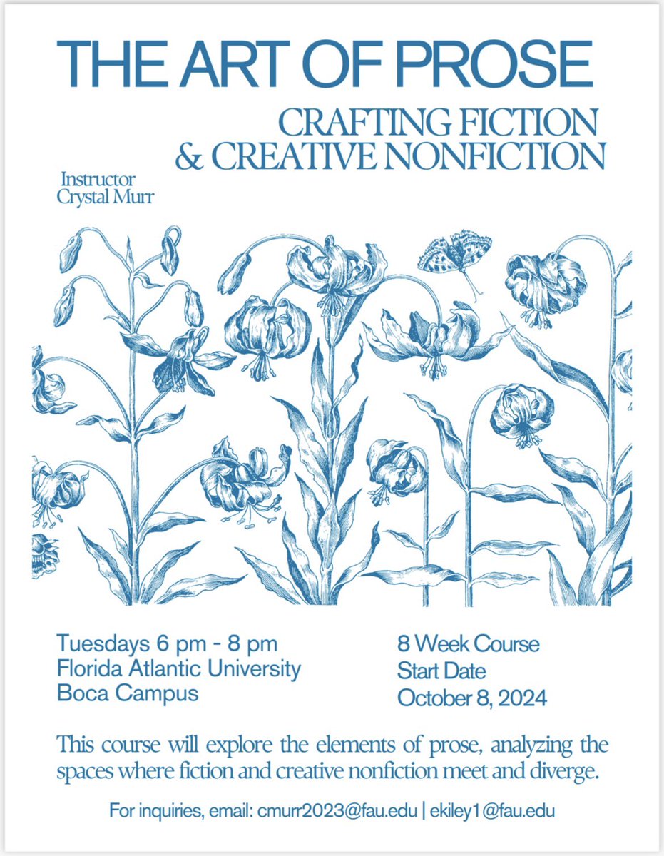 FAU Creative Writing Program presents: The Art of Prose Community Fall Workshop! This workshop is open to everyone. For more information visit the link here. fau.edu/artsandletters…