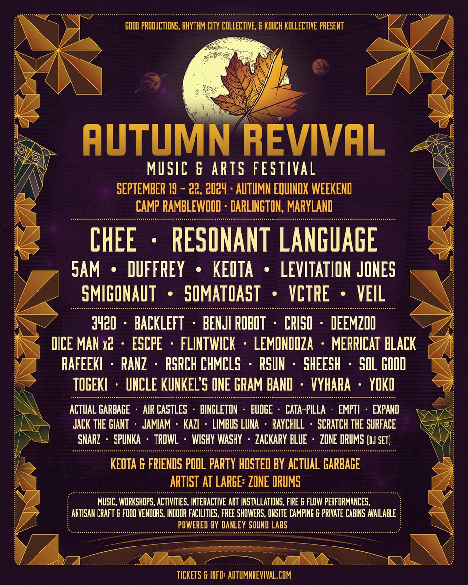 IT’S AUTUM REVIVAL WEEK 🍂 

Join us this Thursday-Saturday back at Camp Ramblewood for a spectacular weekend filled with amazing music, art, workshops, fire &amp; flow performances &amp; much more!

Grab your 🎫 ‘s now if you haven’t yet &amp; use the discount code “HEADNOD” for 15% off 🙃