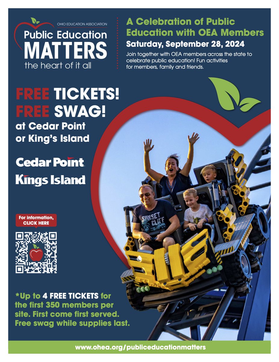 Ohio Education Association (@ohioea) on Twitter photo <a href="/OhioEA/">Ohio Education Association</a> is so excited to celebrate Public Education Matters Day with our members on Saturday, September 28th, at Kings Island and Cedar Point! 🎢 #PublicEducationMatters
We can’t wait to celebrate with you! 🙌 🎉
For more information:
ohea.org/publiceducatio… <a href="/OhioEA/">Ohio Education Association</a> is so excited to celebrate Public Education Matters Day with our members on Saturday, September 28th, at Kings Island and Cedar Point! 🎢 #PublicEducationMatters
We can’t wait to celebrate with you! 🙌 🎉
For more information:
ohea.org/publiceducatio…