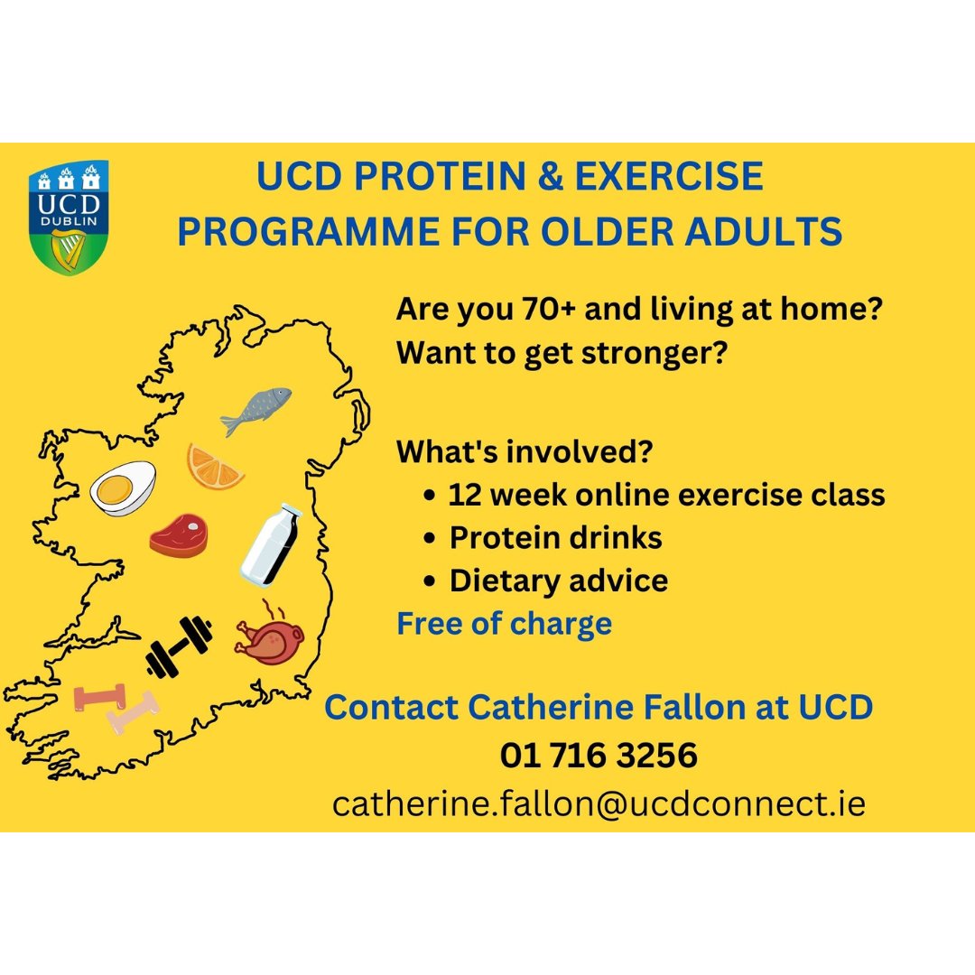 Parkinson's Ireland (@parkinsonsire) on Twitter photo Are you 70+, living at home & want to get stronger?
Take part in a free 12 week online exercise class, with dietary advice & protein drinks.
For further details, contact Catherine Fallon: catherine.fallon@ucdconnect.ie
01 7163256 Are you 70+, living at home & want to get stronger?
Take part in a free 12 week online exercise class, with dietary advice & protein drinks.
For further details, contact Catherine Fallon: catherine.fallon@ucdconnect.ie
01 7163256