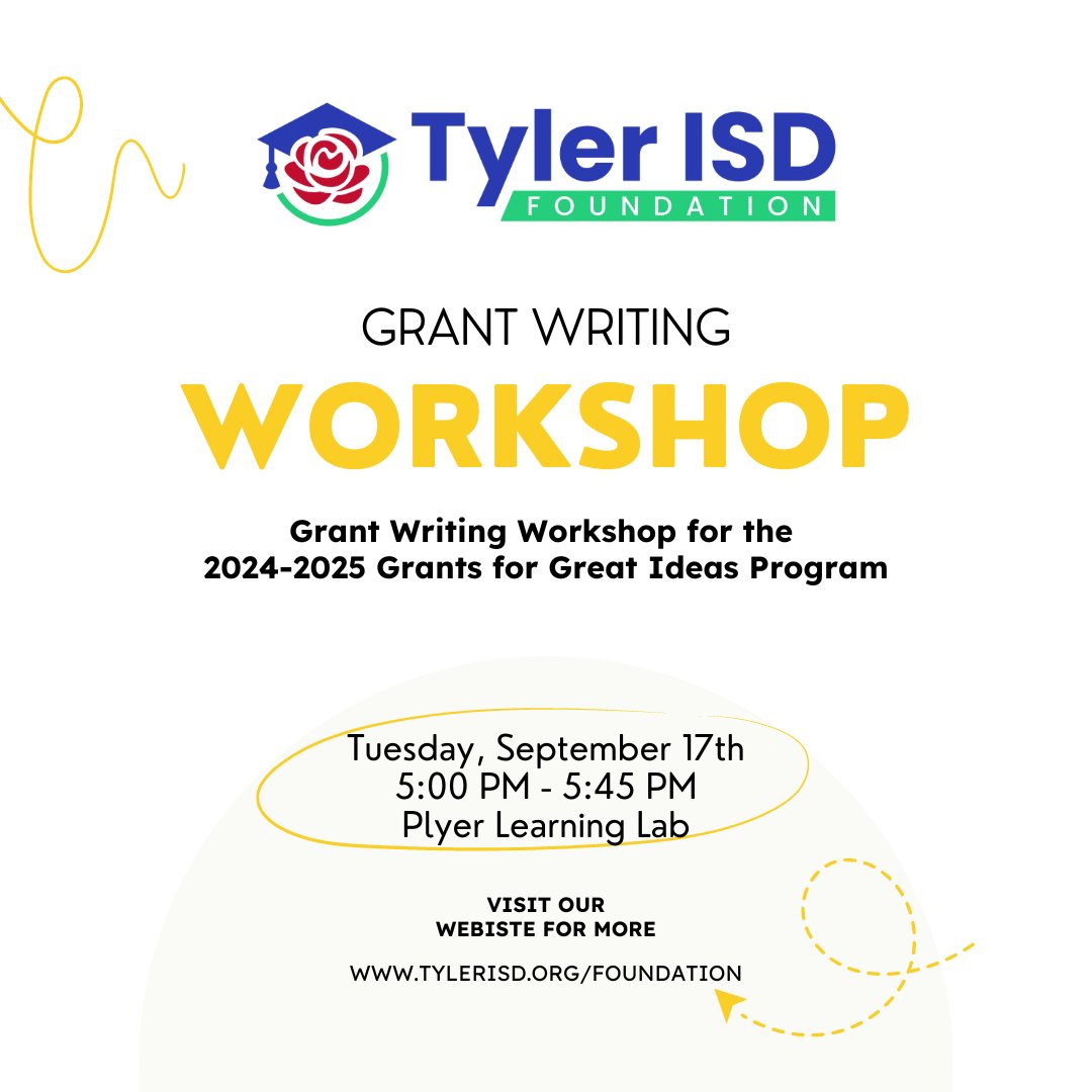 Tyler ISD Foundation (@tisdfoundation) on Twitter photo ‼TONIGHT AT 5:00PM! We'll host our Grant Writing Workshop for the 2024 - 2025 Grants for Great Ideas Program in the Plyler Complex-Learning Lab for all <a href="/TylerISD/">Tyler ISD 🏛</a> teachers and staff interested in applying for a grant this year. We'll see you there! ‼TONIGHT AT 5:00PM! We'll host our Grant Writing Workshop for the 2024 - 2025 Grants for Great Ideas Program in the Plyler Complex-Learning Lab for all <a href="/TylerISD/">Tyler ISD 🏛</a> teachers and staff interested in applying for a grant this year. We'll see you there!