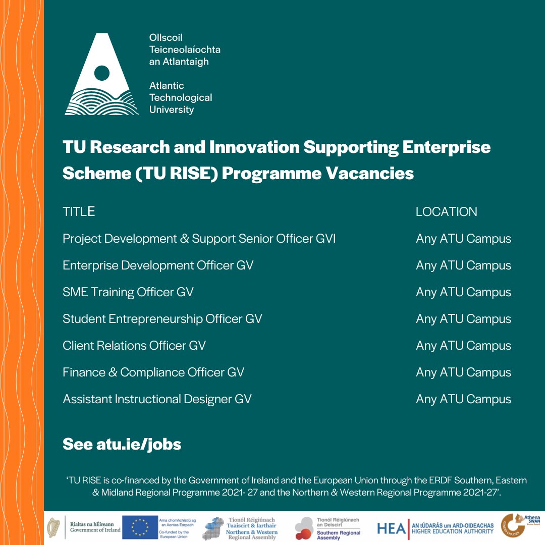 ATU is hiring! We are recruiting for a range of vacancies in the TU RISE programme, with a closing date of 12 noon, this Friday, 20th September. 

To apply, go to ▶️ atu.ie/professional-t…