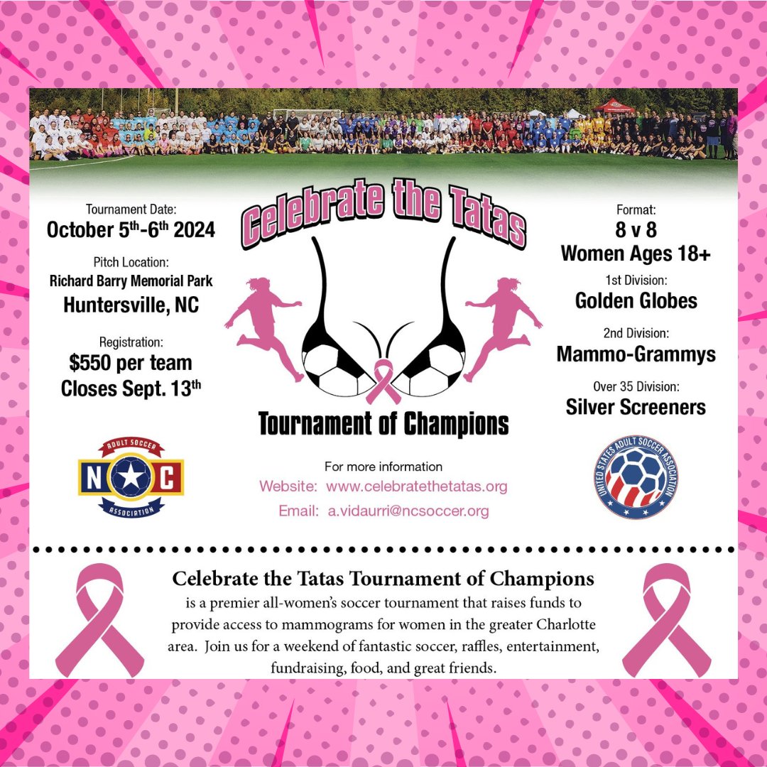 Bring your family out to enjoy a fun-filled weekend of fantastic soccer, raffles, entertainment, fundraising, food, and great friends at the 11th Annual Celebrate the Tatas Tournament of Champions. 
Donate at celebratethetatas.org  
@ncadultsoccer  @usadultsoccer  <a href="/ussoccer/">U.S. Soccer</a>
